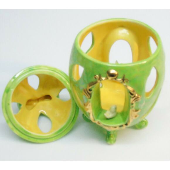 Arnel Easter Egg Canister & Lid Footed Green Gold Bow Bird Candle Holder Figure - Picture 7 of 8
